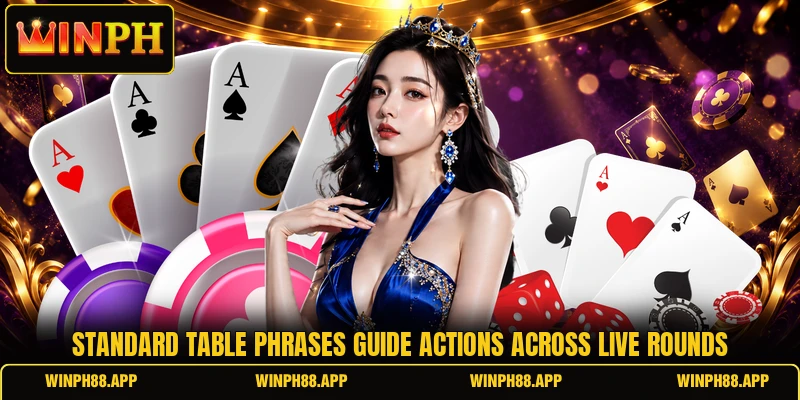 Standard table phrases guide actions across live rounds